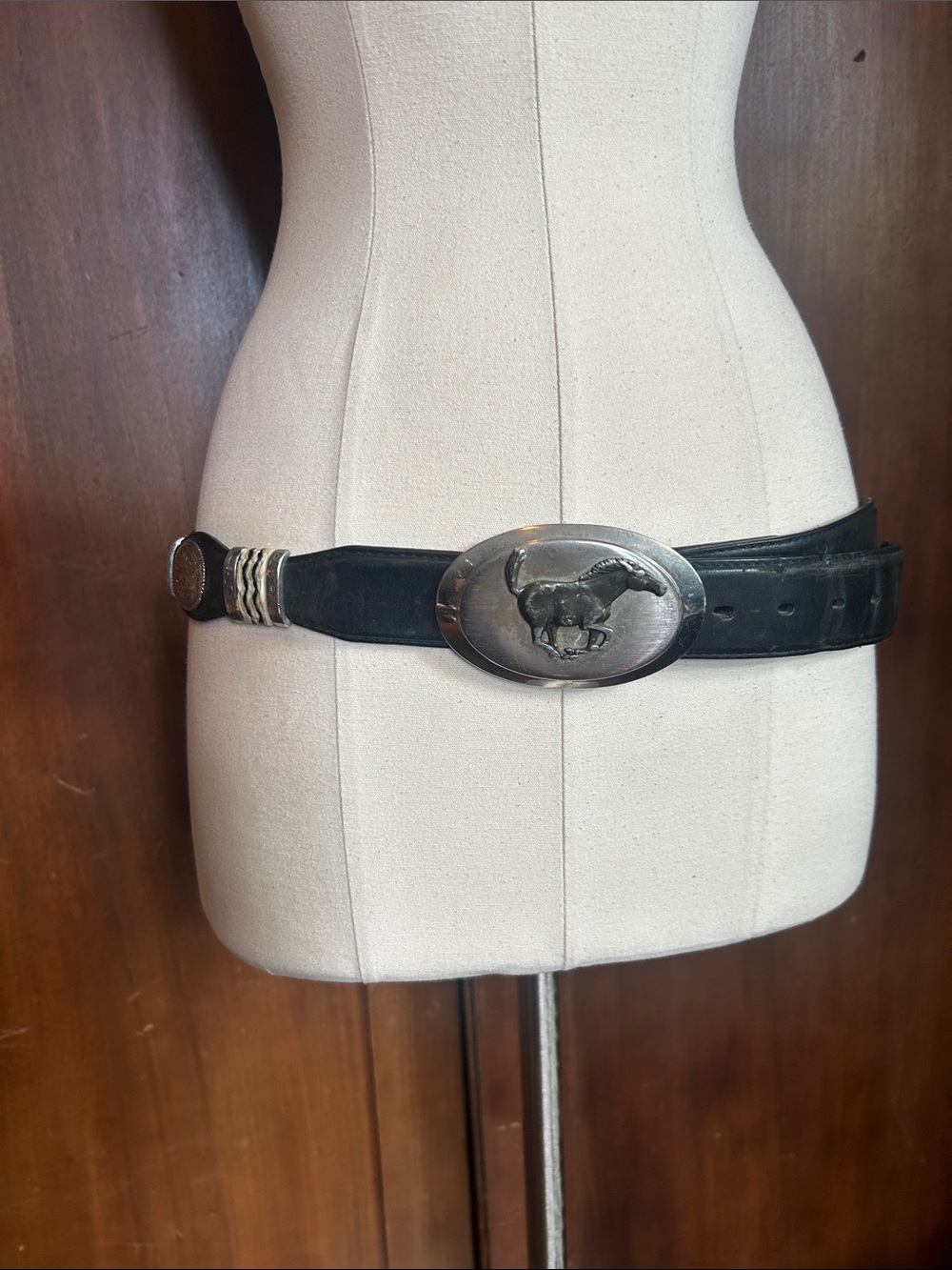 Vintage Black Leather Western Concho Belt with Silver Mustang Buckle